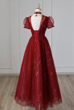Burgundy Tulle Sequins Tea Length Prom Dress, A-Line Evening Dress HZ0429