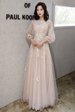 Pink Tulle Lace Long A-Line Prom Dresses, Long Sleeve Evening Dresses HZ0429