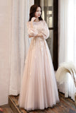 Pink Tulle Lace Long A-Line Prom Dresses, Long Sleeve Evening Dresses HZ0429