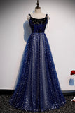 Blue Tulle Long A-Line Prom Dresses, Blue Evening Party Dresses HZ0429