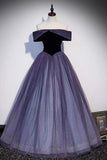 Purple Velvet Tulle Long Prom Dresses, A-Line Off the Shoulder Evening Dresses HZ0429