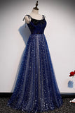 Blue Tulle Long A-Line Prom Dresses, Blue Evening Party Dresses HZ0429