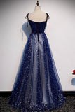 Blue Tulle Long A-Line Prom Dresses, Blue Evening Party Dresses HZ0429