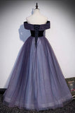 Purple Velvet Tulle Long Prom Dresses, A-Line Off the Shoulder Evening Dresses HZ0429