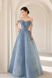Blue Tulle Beading Long Prom Dress, A-Line Blue Formal Dress HZ0429