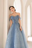 Blue Tulle Beading Long Prom Dress, A-Line Blue Formal Dress HZ0429
