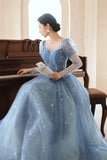 Blue Tulle Beading Long Prom Dress, A-Line Blue Formal Dress HZ0429