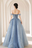 Blue Tulle Beading Long Prom Dress, A-Line Blue Formal Dress HZ0429