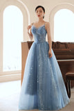 Blue Tulle Beading Long Prom Dress, A-Line Blue Formal Dress HZ0429