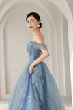 Blue Tulle Beading Long Prom Dress, A-Line Blue Formal Dress HZ0429