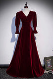 Burgundy Velvet Long Prom Dresses, A-Line Long Sleeve Evening Dresses HZ0429