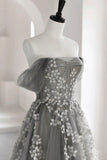 Gray Tulle Lace Long Prom Dress, A-Line Off the Shoulder Evening Dress HZ0429
