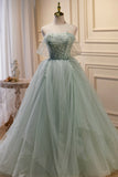 Green Tulle Beaded Ball Gown Off Shoulder Party Dress, Green Sweet 16 Dress HZ0429