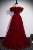 Burgundy Tulle Long Prom Dresses, A-Line Off the Shoulder Evening Party Dresses HZ0429