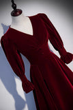 Burgundy Velvet Long Prom Dresses, A-Line Long Sleeve Evening Dresses HZ0429