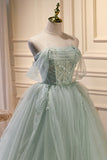 Green Tulle Beaded Ball Gown Off Shoulder Party Dress, Green Sweet 16 Dress HZ0429