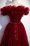 Burgundy Tulle Long Prom Dresses, A-Line Off the Shoulder Evening Party Dresses HZ0429