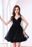 Black Tulle Short A-Line Prom Dress, Black Evening Party Dress HZ0429