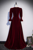 Burgundy Velvet Long Prom Dresses, A-Line Long Sleeve Evening Dresses HZ0429
