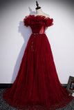 Burgundy Tulle Long Prom Dresses, A-Line Off the Shoulder Evening Party Dresses HZ0429