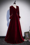 Burgundy Velvet Long Prom Dresses, A-Line Long Sleeve Evening Dresses HZ0429