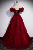 Burgundy Tulle Long Prom Dresses, A-Line Off the Shoulder Evening Party Dresses HZ0429