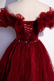 Burgundy Tulle Long Prom Dresses, A-Line Off the Shoulder Evening Party Dresses HZ0429