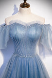 Blue Tulle Beading Long Prom Dresses, A-Line Evening Party Dresses HZ0429