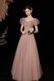 A-Line Tulle Beaded Long Prom Dress, Short Sleeve Evening Dress HZ0429