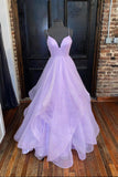 Purple V-Neck Tulle Long Prom Dresses, A-Line Evening Dresses HZ0429