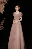 A-Line Tulle Beaded Long Prom Dress, Short Sleeve Evening Dress HZ0429