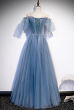 Blue Tulle Beading Long Prom Dresses, A-Line Evening Party Dresses HZ0429