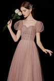 A-Line Tulle Beaded Long Prom Dress, Short Sleeve Evening Dress HZ0429