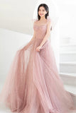 Pink Tulle Long A-Line Prom Dresses, Pink Evening Dresses HZ0429