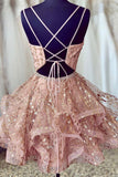 Pink V-Neck Tulle Short Prom Dresses, A-Line Mini Party Dresses HZ0429
