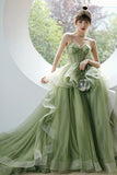 Green Tulle Long A-Line Evening Dress, Green Spaghetti Straps Prom Dress HZ0429