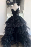 Black V-Neck Tulle Long Prom Dresses, High Low Evening Party Dresses HZ0429