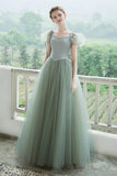 Cute Tulle Long Prom Dresses, A-Line Short Sleeve Graduation Dresses HZ0429