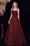 Burgundy Long Spaghetti Strap Tulle Prom Dress, A-Line Evening Dress HZ0429
