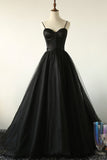 Black A-Line Spaghetti Strap Long Prom Dresses, Black Evening Dresses HZ0429