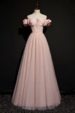 Pink Tulle Off the Shoulder Prom Dress, Beautiful A-Line Evening Dress HZ0429