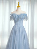 Blue Sweetheart Beaded Off the Shoulder Prom Dress, A-Line Blue Evening Dress HZ0429