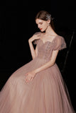 A-Line Tulle Beaded Long Prom Dress, Short Sleeve Evening Dress HZ0429