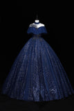Blue Tulle Sequins Long Ball Gown, Elegant A-Line Formal Gown HZ0429