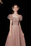 A-Line Tulle Beaded Long Prom Dress, Short Sleeve Evening Dress HZ0429