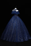 Blue Tulle Sequins Long Ball Gown, Elegant A-Line Formal Gown HZ0429
