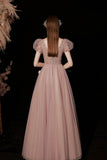A-Line Tulle Beaded Long Prom Dress, Short Sleeve Evening Dress HZ0429