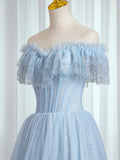 Blue Sweetheart Beaded Off the Shoulder Prom Dress, A-Line Blue Evening Dress HZ0429
