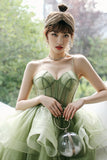 Green Tulle Long A-Line Evening Dress, Green Spaghetti Straps Prom Dress HZ0429