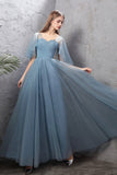 Blue Tulle Long Prom Dresses, Blue Tulle Bridesmaid Dresses HZ0429